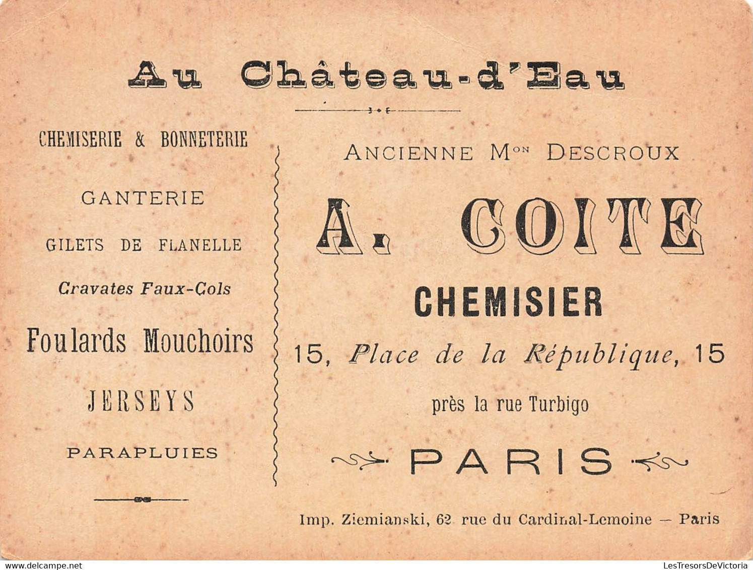 Lot De 2 Jolis Chromos Dorés Images Au Chateau D'eau - A Goite Chemisier à Paris - Chemiserie Et Bonneterie - 12x9cm - Otros & Sin Clasificación