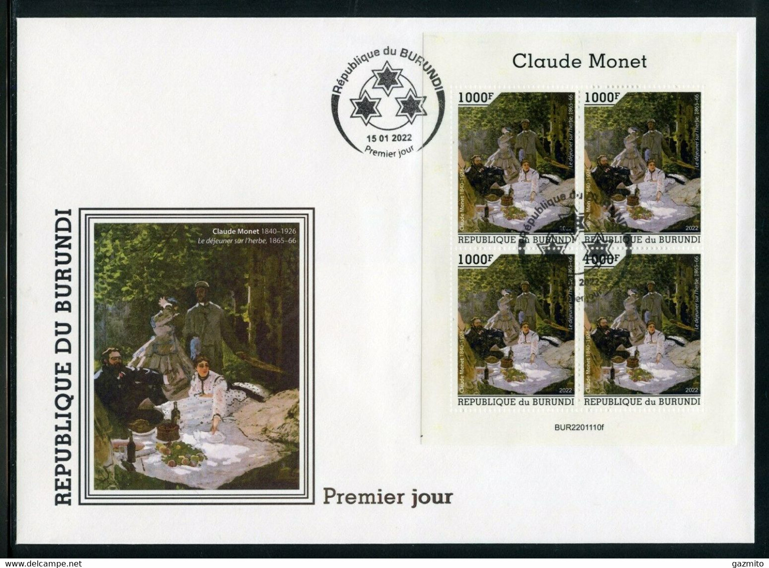 Burundi 2022, Art, Monet, 4val In BF In FDC - Unused Stamps