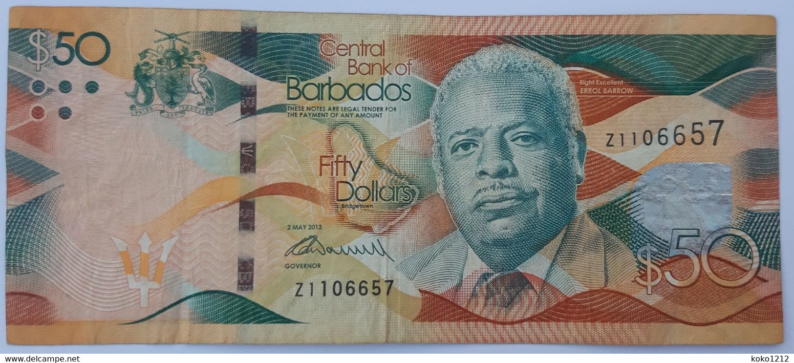 RARE Barbados 50 Dollars 2 May 2013 REPLACEMENT (serie Z) XF - Barbados