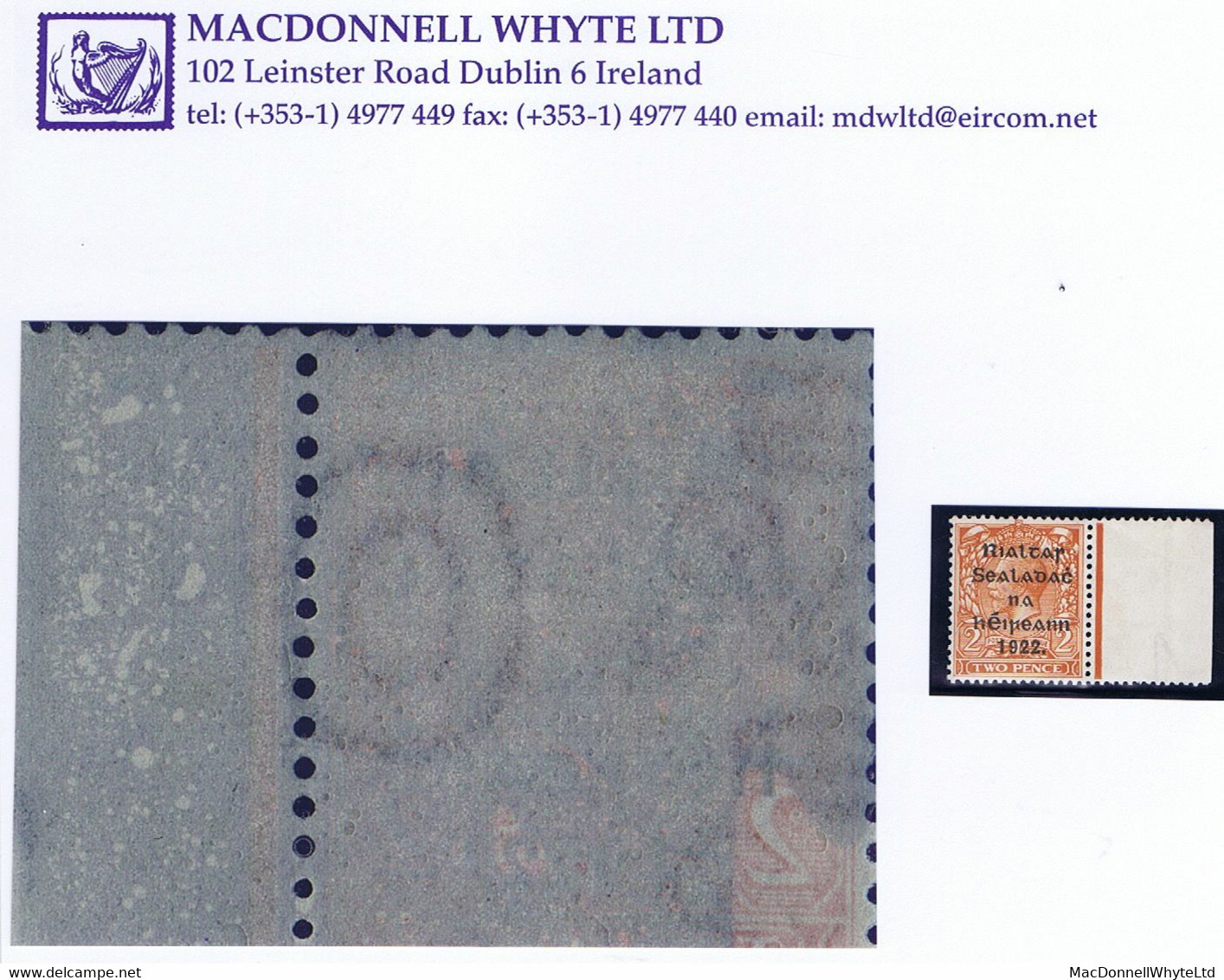 Ireland 1922 Thom Rialtas 5-line Black 2d Die 2, Var "Letter O Of POSTAGE Watermark Falling On Stamp" Mint Marginal - Neufs