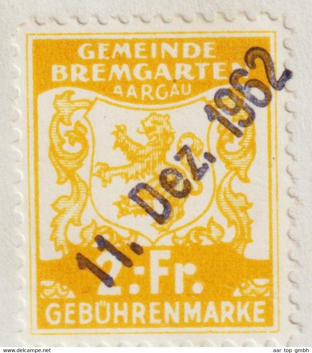 CH Heimat AG Bremgarten 1962-12-11 Fiskalmarke 2 Fr. Auf Briefstück - Revenue Stamps