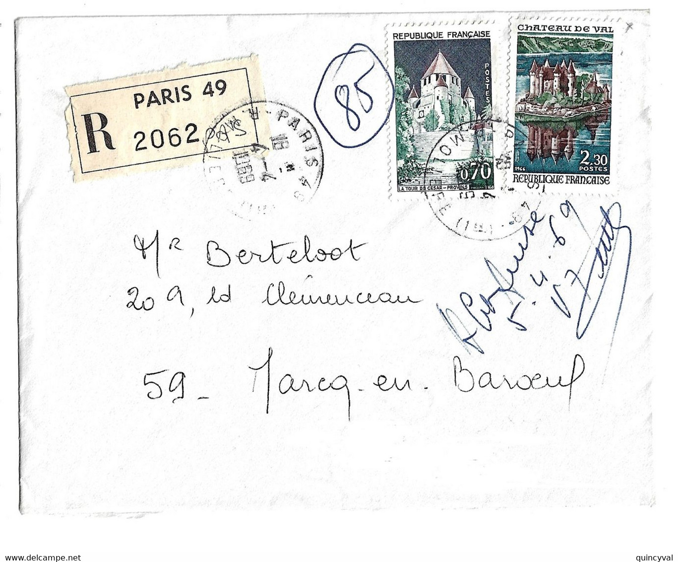 PARIS 48 Lettre Recommandée 70c Provins 2,30 F Château De Val Yv 1426 1540 Ob 4 4 1969 Etiquette Reco - Cartas & Documentos