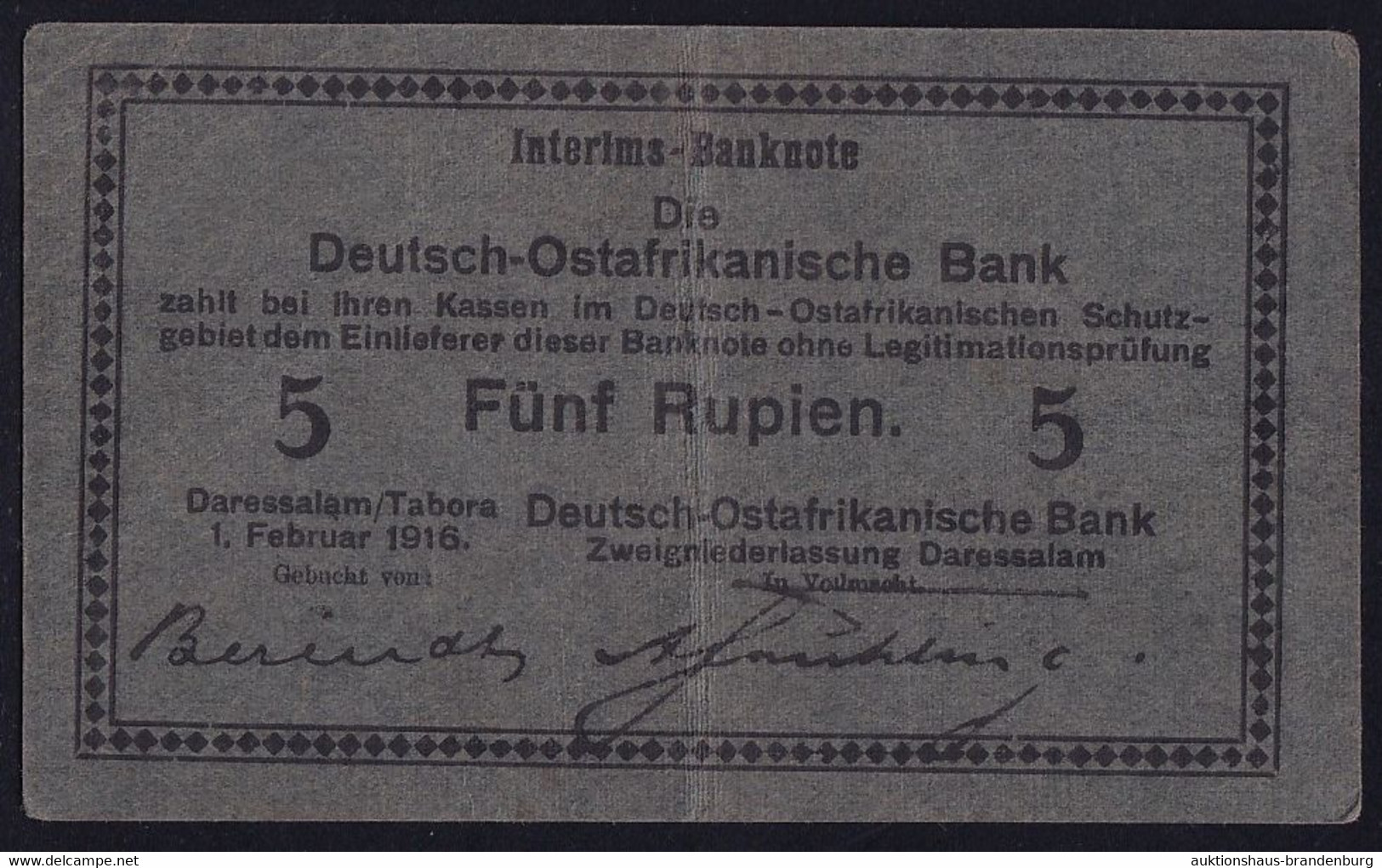 DOA Deutsch Ostafrika: 5 Rupien 1.11.1916 - Serie F - KN 9 Mm Hoch - Sig. Berendt / Frühling (DOA-35f ?) - Deutsch-Ostafrikanische Bank