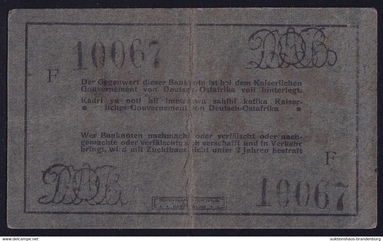 DOA Deutsch Ostafrika: 5 Rupien 1.11.1916 - Serie F - KN 9 Mm Hoch - Sig. Berendt / Frühling (DOA-35f ?) - Deutsch-Ostafrikanische Bank