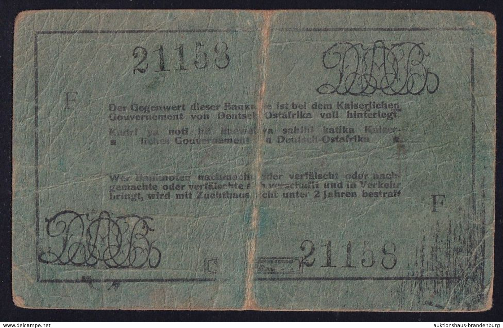 DOA Deutsch Ostafrika: 5 Rupien 1.11.1916 - Serie F - KN 6 Mm Hoch - Sig. Berendt / Frühling (DOA-35f ?) - Deutsch-Ostafrikanische Bank