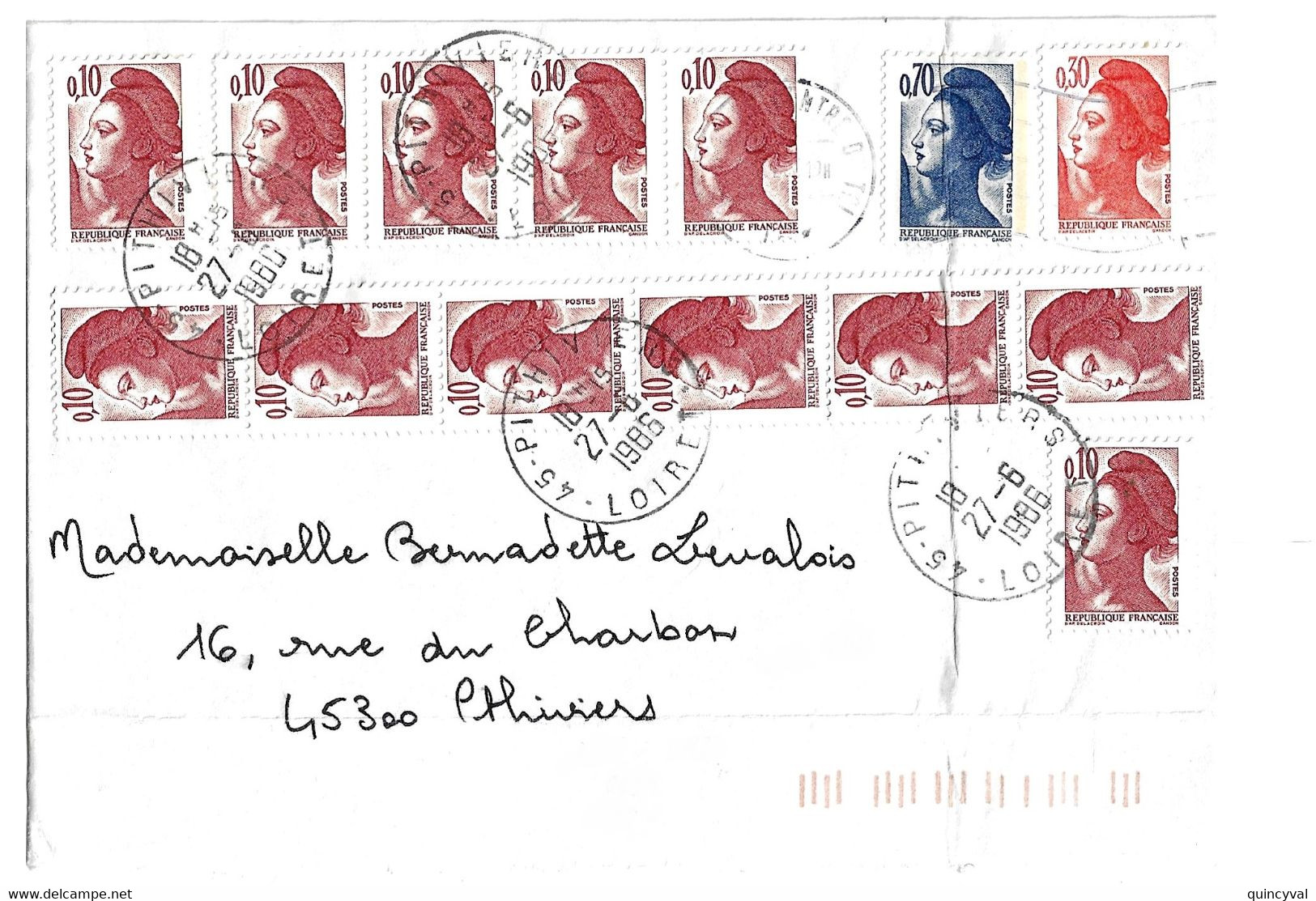 PITHIVIERS Loiret Lettre Liberté 10 C Brun 70c Bleu 30c Orang Yv 2221 2224 2228 Ob 27 6 1986  Ob Meca + TAD Arrivée - Lettres & Documents