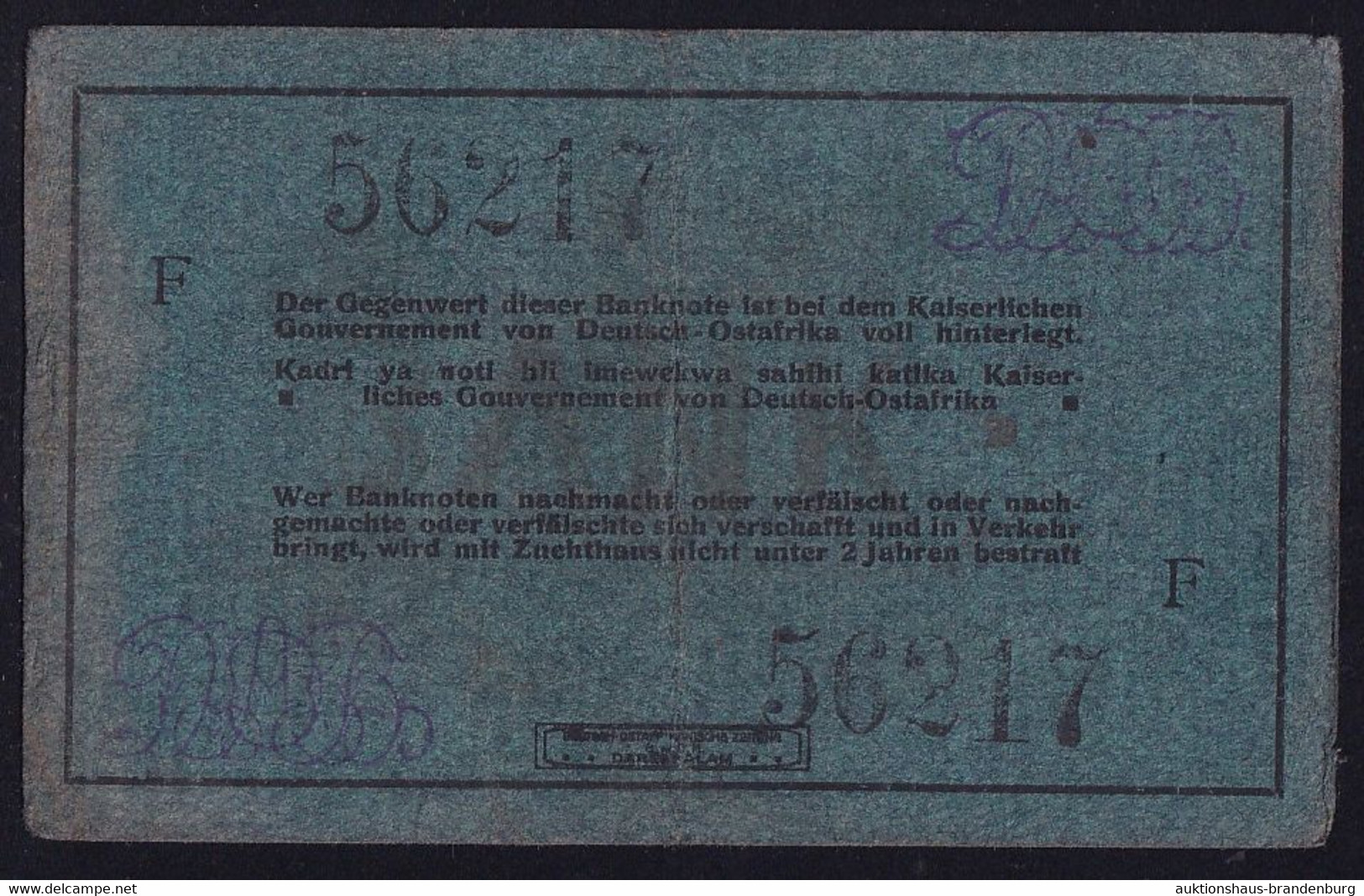 DOA Deutsch Ostafrika: 5 Rupien 1.11.1916 - Serie F - Sig. Berendt / Frühling (DOA-35d) - Deutsch-Ostafrikanische Bank