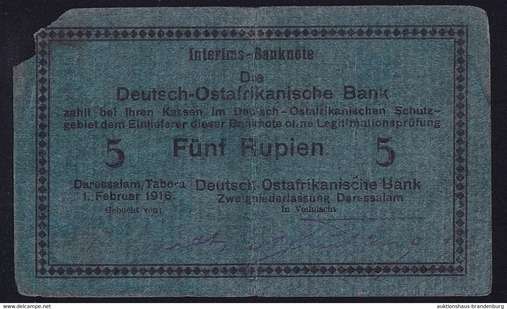 DOA Deutsch Ostafrika: 5 Rupien 1.2.1916 - Serie G - Mit W Auf Der Rs. - Sig. Berendt / Frühling (DOA-35e) - Deutsch-Ostafrika