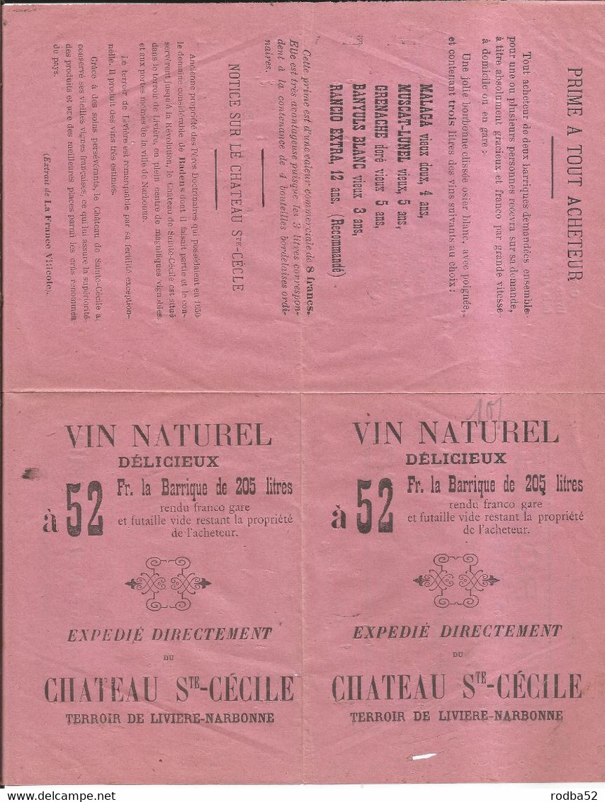 Publicité Ancienne - Château Ste Cécile Près Narbonne - Vins Thème Alcool Vin  Terroir De Livière Narbonne - Pubblicitari