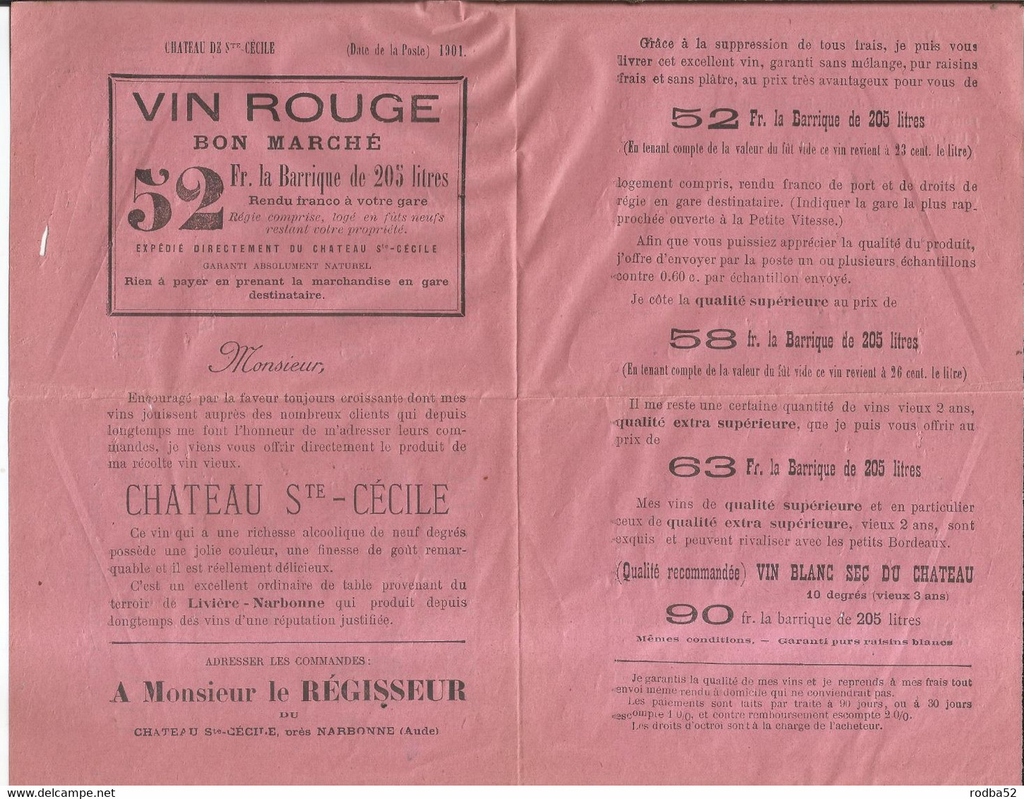 Publicité Ancienne - Château Ste Cécile Près Narbonne - Vins Thème Alcool Vin  Terroir De Livière Narbonne - Pubblicitari