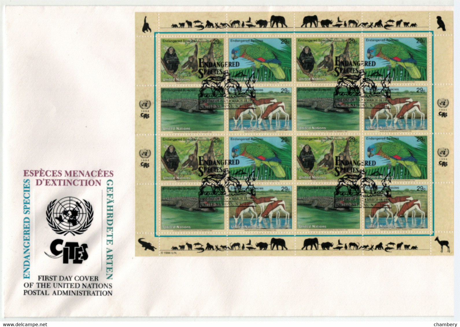 Nations Unies - "Espèces Animales Menacées D'extinction" - Enveloppe Grand Format 1er Jour 2** N° 651 à 654 De 1994 - Covers & Documents