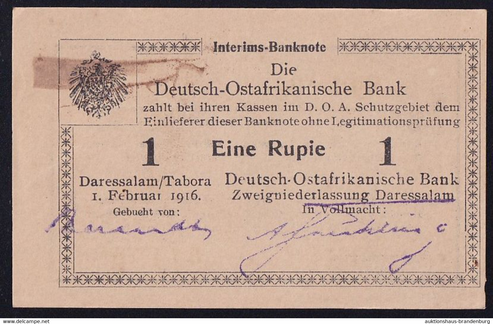 DOA Deutsch Ostafrika: 1 Rupie 1.2.1916 - Serie N3 (DOA-31a) - Deutsch-Ostafrikanische Bank