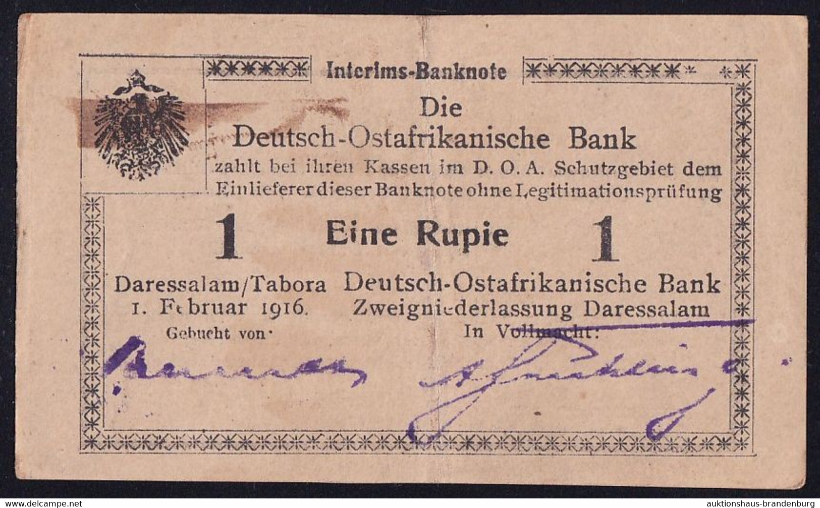 DOA Deutsch Ostafrika: 1 Rupie 1.2.1916 - Serie N3 - KN 4-stellig (DOA-31a) - Deutsch-Ostafrikanische Bank