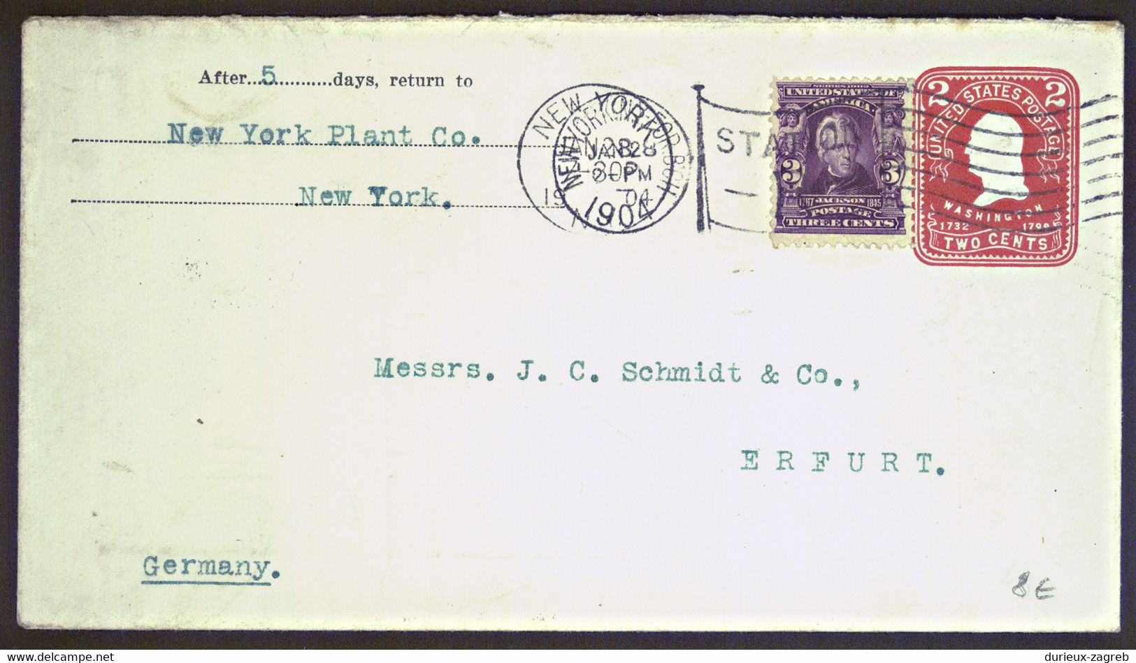 US Postal Stationery Letter Cover Posted 1904 NY To Erfurt B220901 - 1901-20
