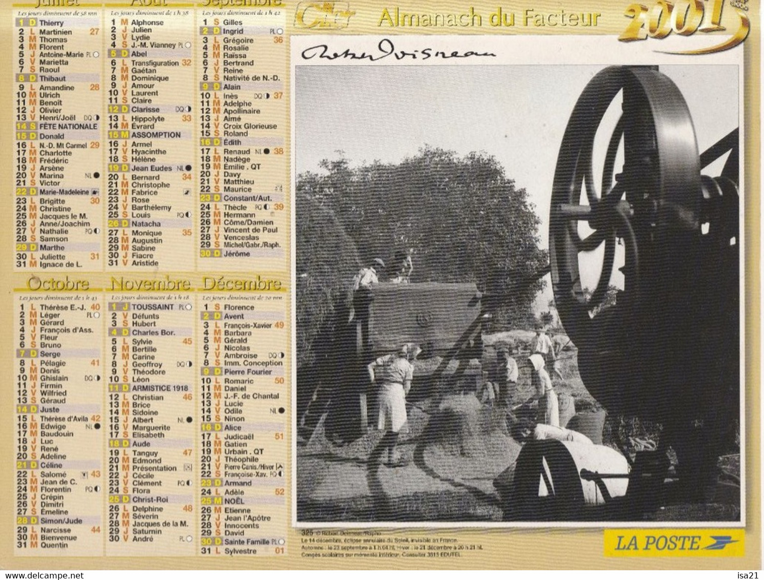Almanach Du Facteur, Calendrier De La Poste, 2001 Côte D'Or, Scènes De La Vie Paysanne D'autrefois: Battage, - Grand Format : 2001-...