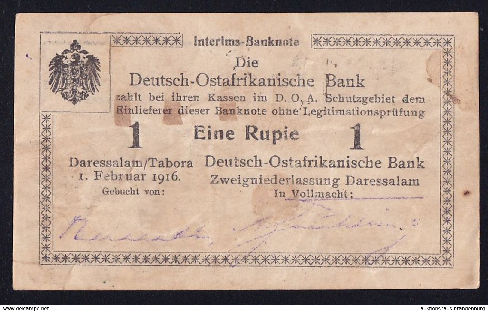 DOA Deutsch Ostafrika: 1 Rupie 1.2.1916 - Serie W2 (DOA-30a) - Deutsch-Ostafrikanische Bank