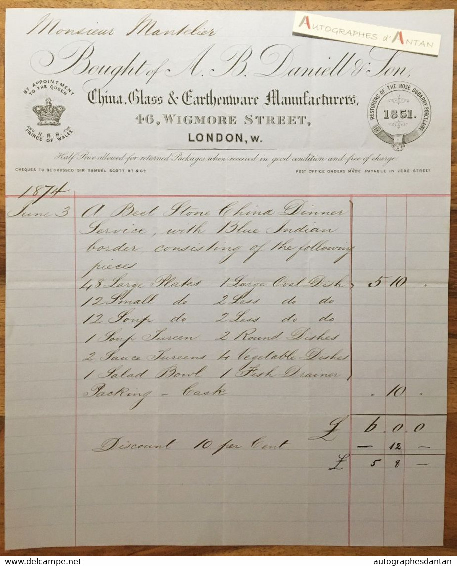 ● London 1874 China Glass & Earthenware Manufacturers - Wigmore Street - Facture Invoice M. Mantelier - Chine Vaisselle - Royaume-Uni