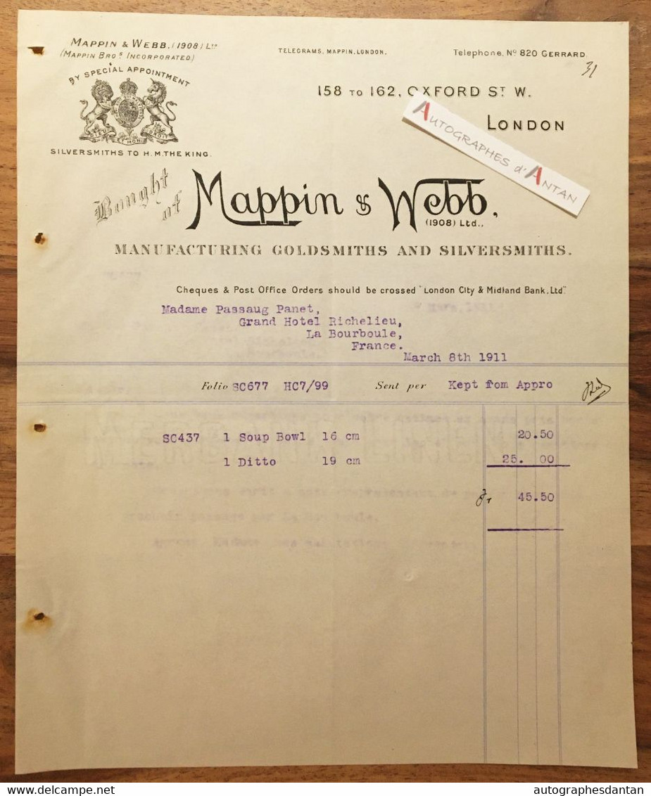 ● London 1911 Mappin & Webb Manufacturing Goldsmiths & Silversmiths Facture Hotel Richelieu à La Bourboule Invoice - Royaume-Uni