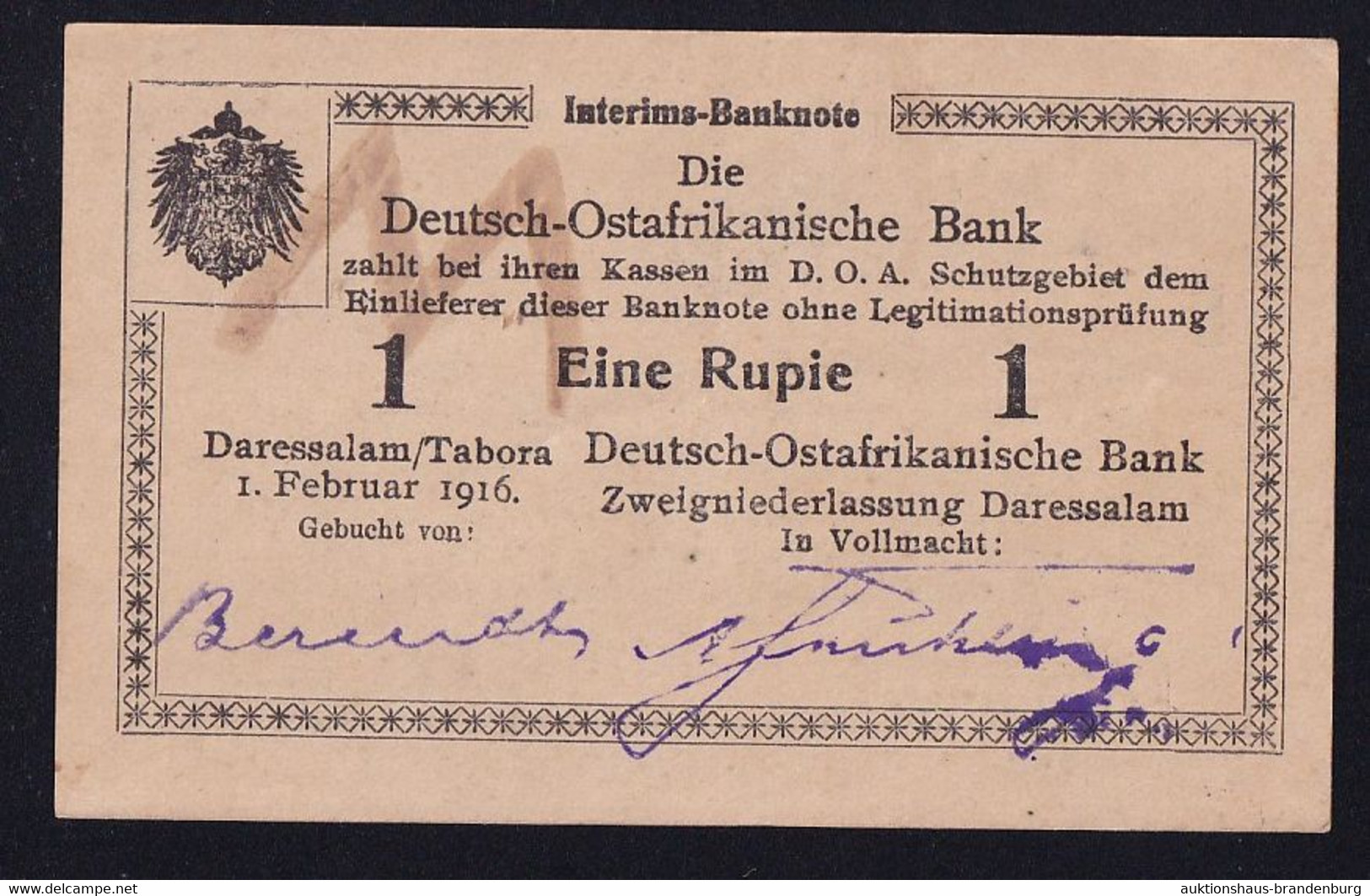 DOA Deutsch Ostafrika: 1 Rupie 1.2.1916 - Serie H2 (DOA-30a) - Deutsch-Ostafrikanische Bank