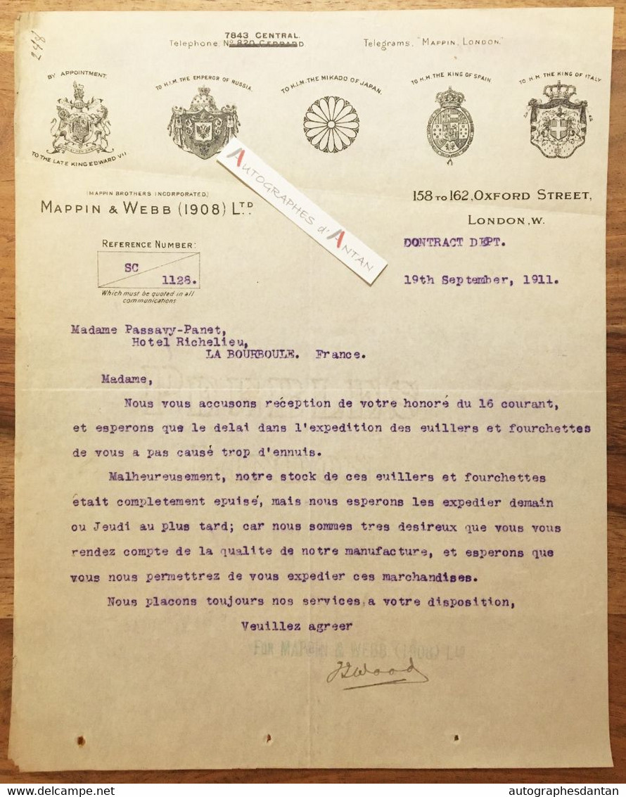 ● London 1911 Mappin & Webb - Lettre Commerciale > Mme Passavy Panet Hotel Richelieu à La Bourboule - Letter UK - United Kingdom