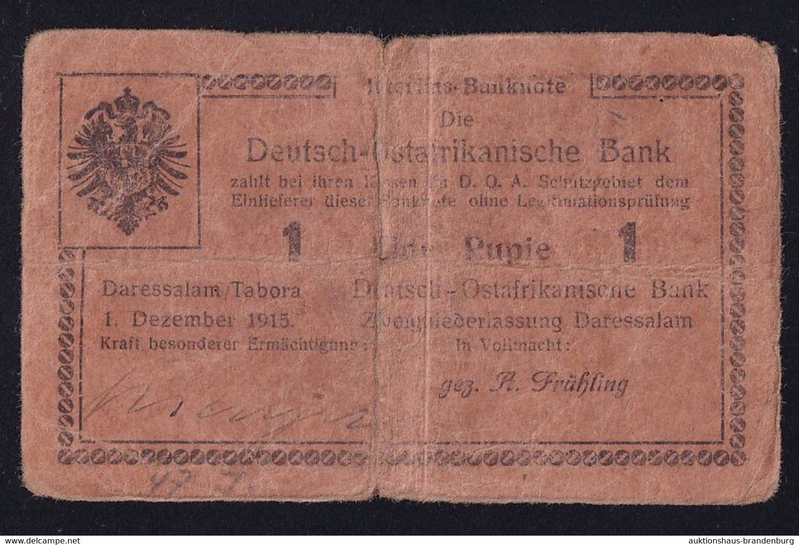 DOA Deutsch Ostafrika: 1 Rupie 1.12.1915 - Serie J - Sig. Ernst / Frühling (DOA-25b) - Deutsch-Ostafrika