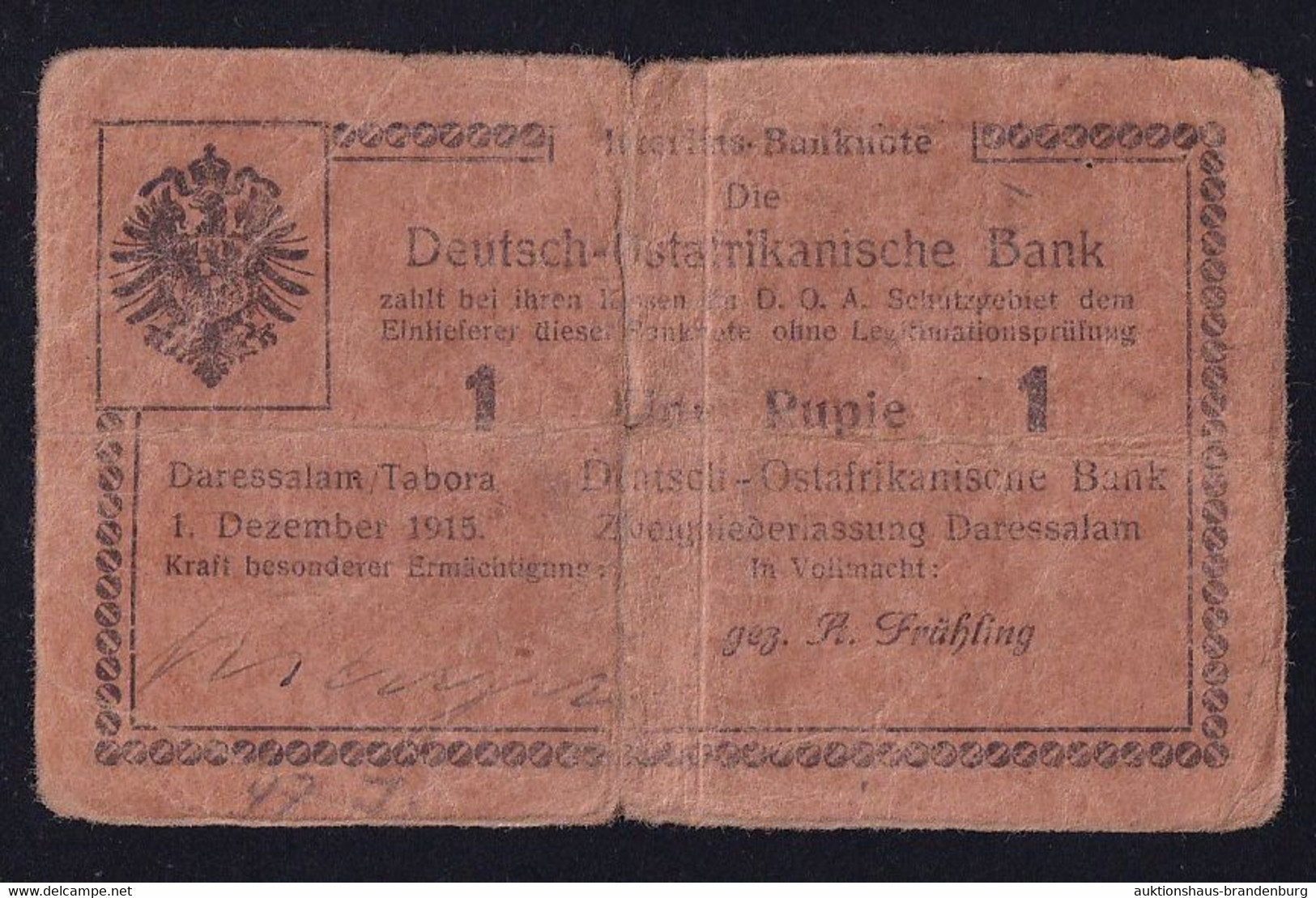 DOA Deutsch Ostafrika: 1 Rupie 1.12.1915 - Serie J - Sig. Ernst / Frühling (DOA-25b) - Deutsch-Ostafrikanische Bank