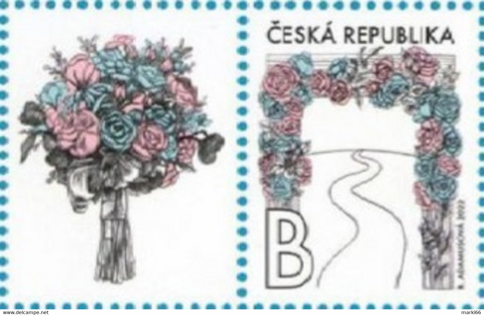 Czech Republic - 2022 - Bridal Motive With Roses - Mint Stamp With Personalized Coupon (LEFT) - Nuovi