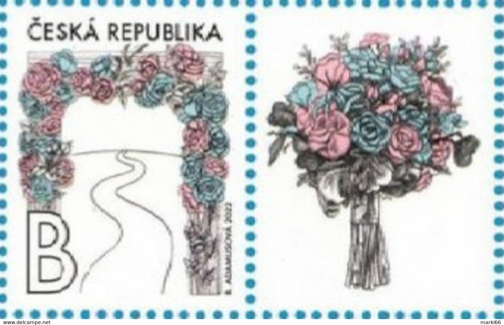 Czech Republic - 2022 - Bridal Motive With Roses - Mint Stamp With Personalized Coupon (RIGHT) - Nuovi