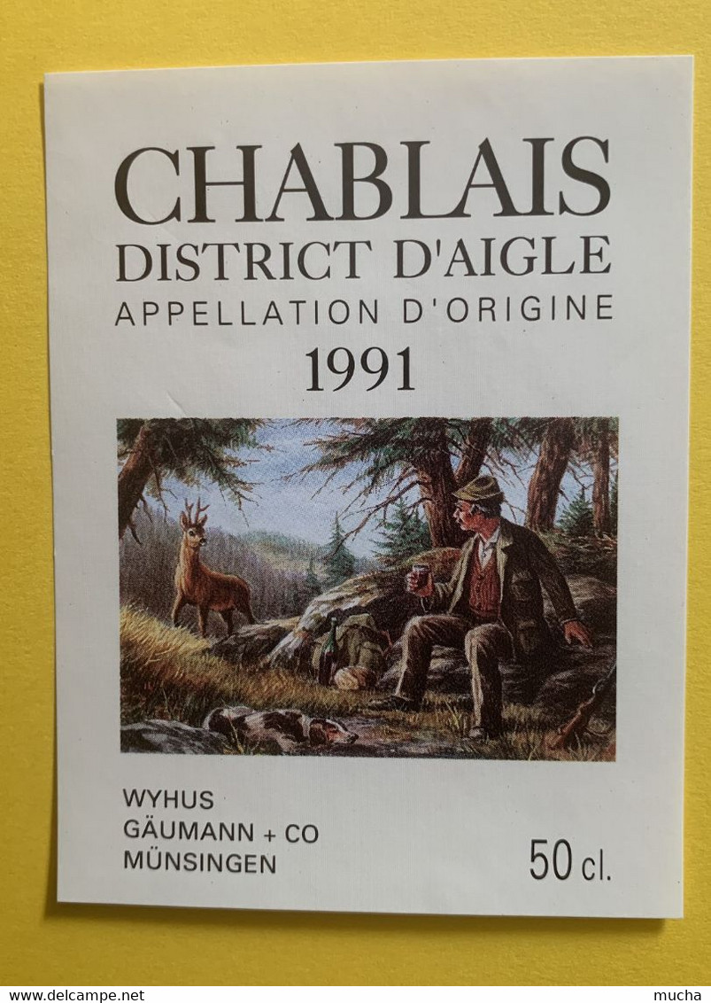 19808 - Chablais District D'Aigle 1991 Chasseur Et Chevreuil Petite étiquette 50cl - Caza