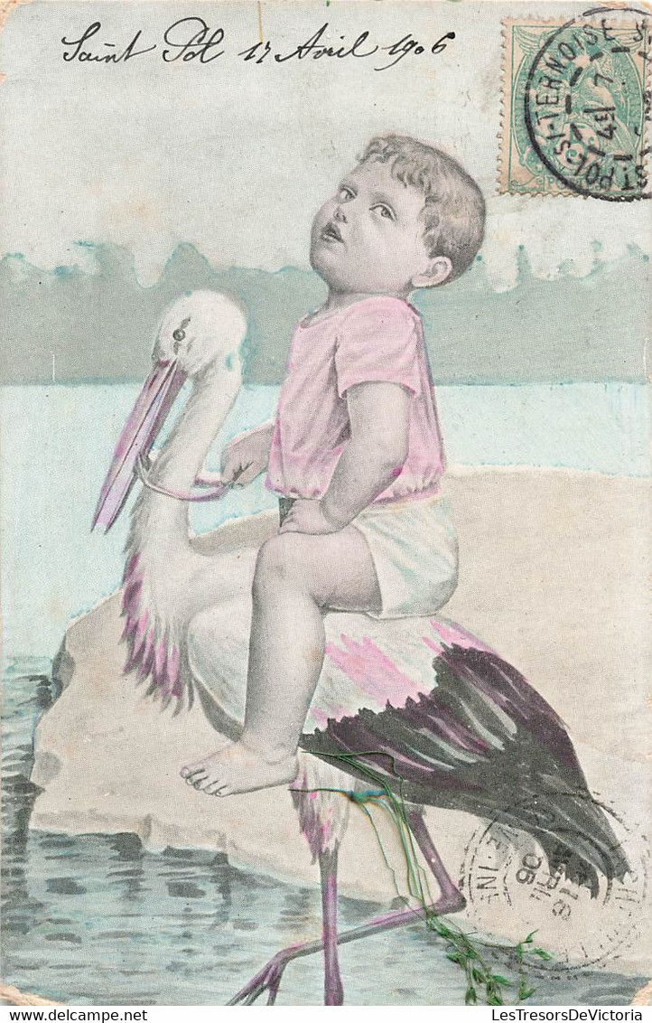 CPA Enfant Sur Le Dos D'une Cigogne - Illustration  - Carte Voyagée En 1906 - Other & Unclassified