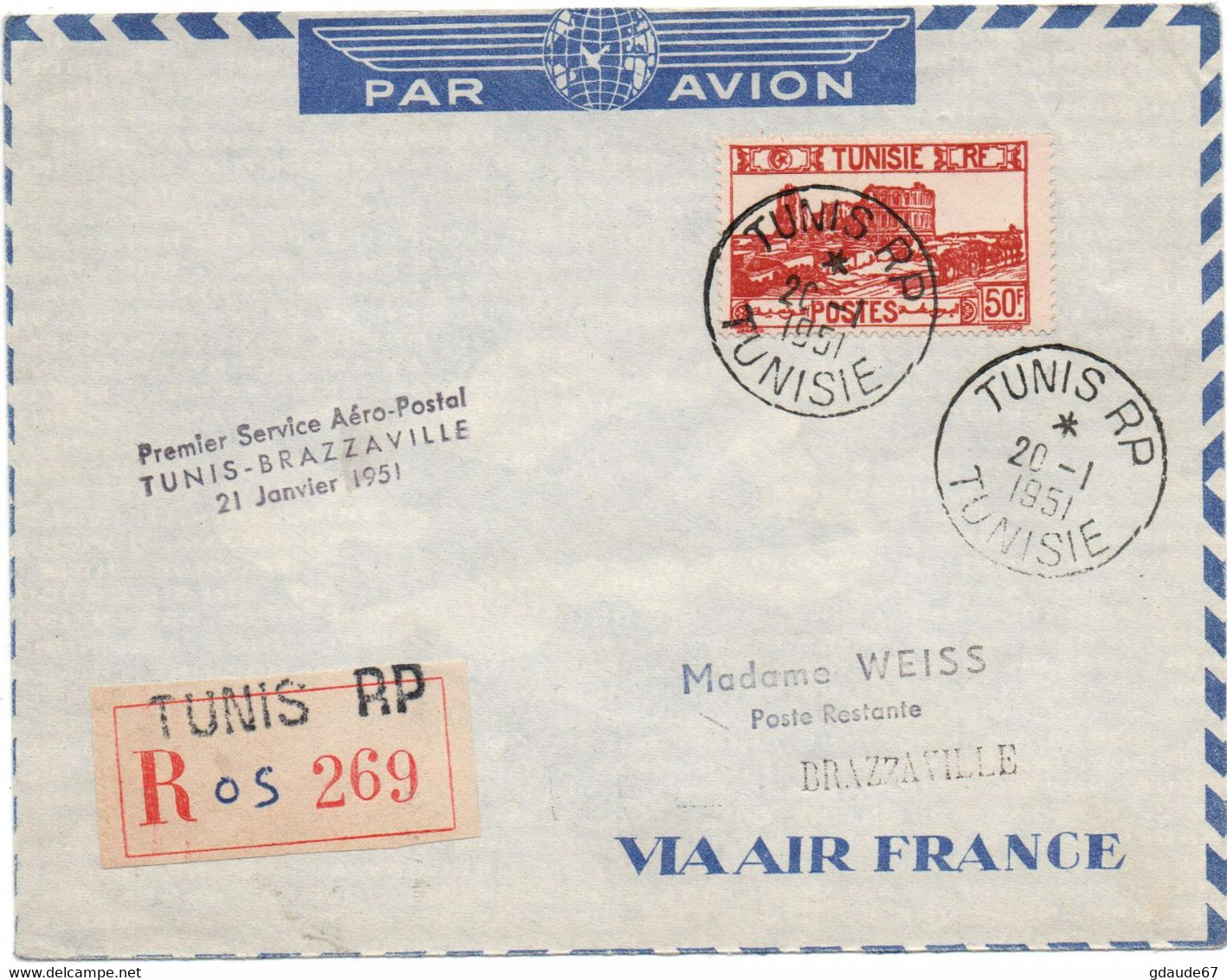 1951 - ENVELOPPE PAR AVION Avec SEUL De TUNIS (TUNISIE) - Briefe U. Dokumente