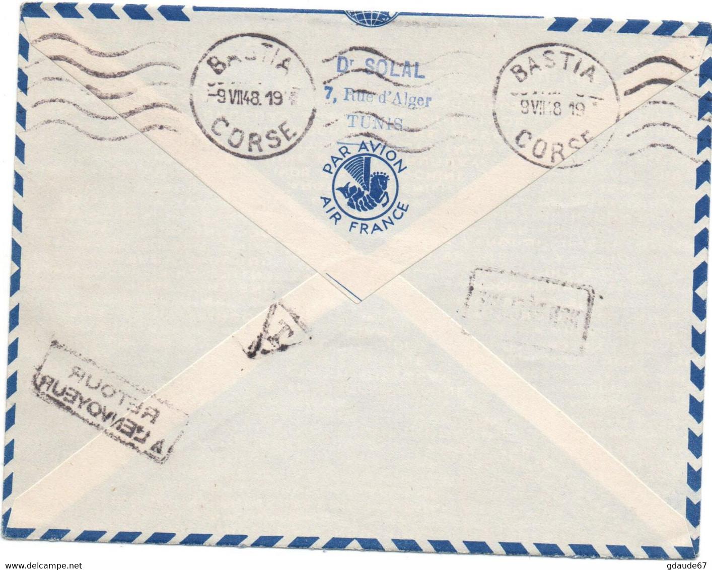 1949 - ENVELOPPE PAR AVION De TUNIS (TUNISIE) - PREMIER SERVICE AERO POSTAL TUNIS BASTIA (CORSE) -> NON RECLAME / RETOUR - Cartas & Documentos