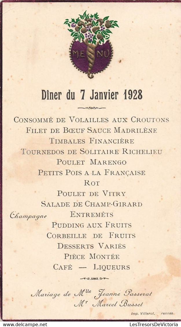 Menu - Diner De 7 Janvier 1928 - Mariage De Mlle Jeanne Passerat Et Mr Marcel Bussel - Menus