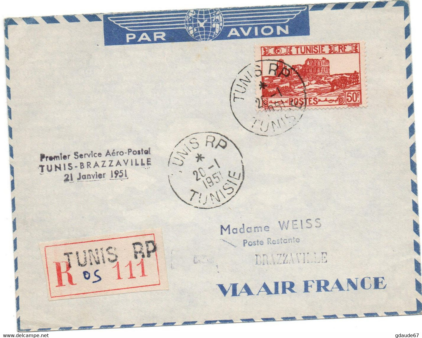1951 - ENVELOPPE PAR AVION De TUNIS (TUNISIE) Avec PREMIER SERVICE AERO POSTAL TUNIS BRAZZAVILLE 21 JANVIER 1951 - Storia Postale