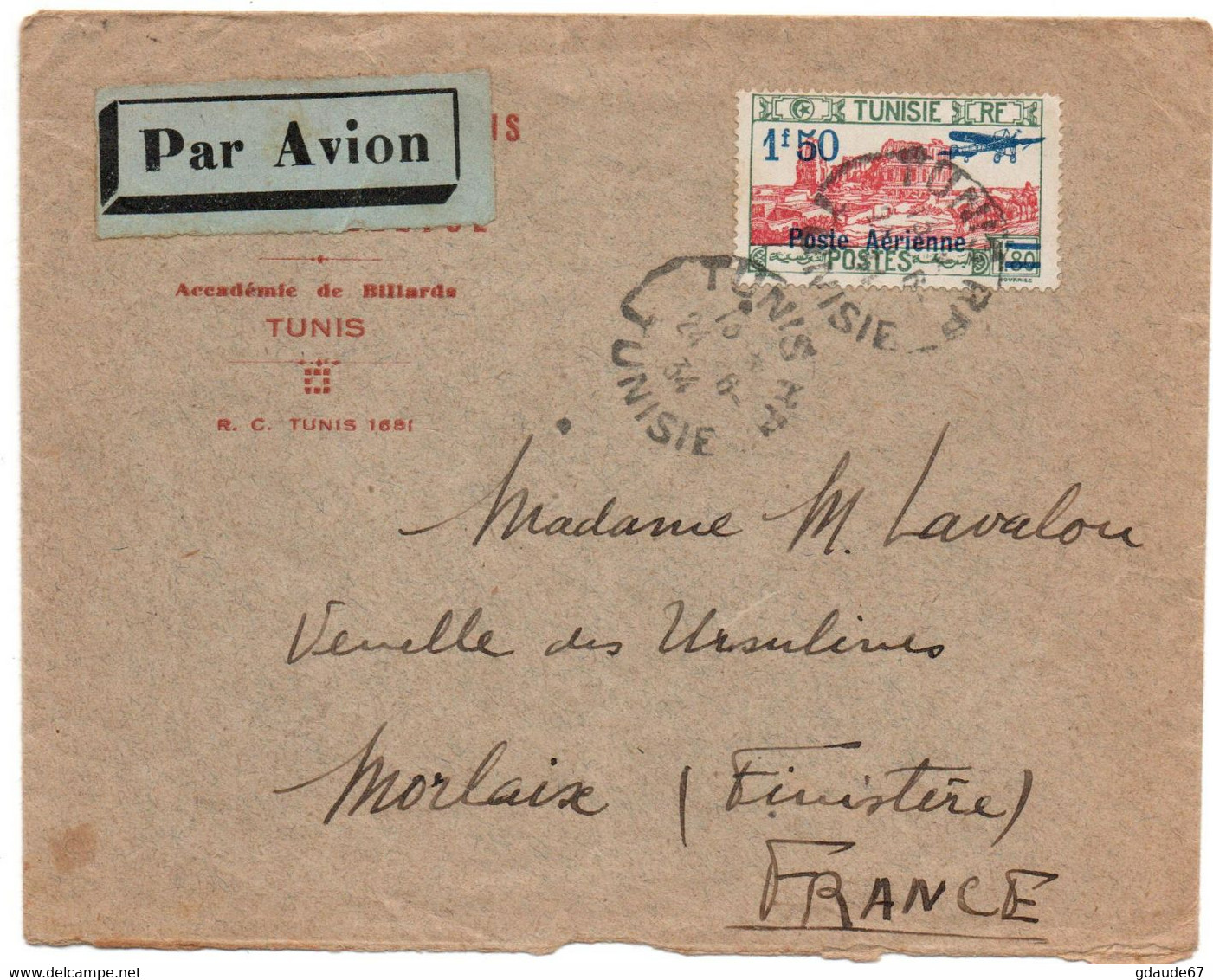 1934 - ENVELOPPE PAR AVION De TUNIS (TUNISIE) Pour MORLAIX (FINISTERE) - POSTE AERIENNE - Lettres & Documents