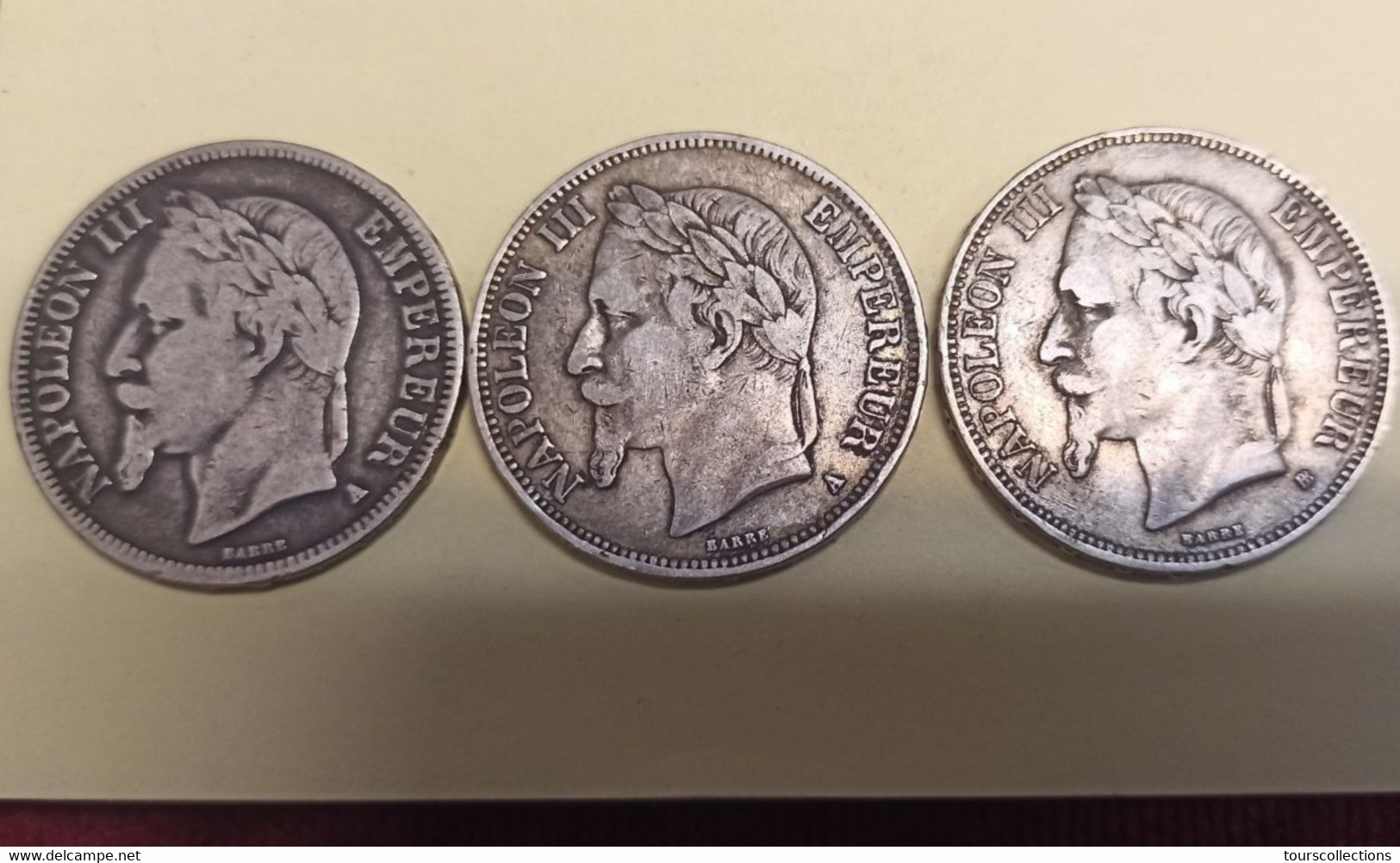 LOT FRANCE 3 X 5 FRANCS 1868 A , 1869 A Et 1870 BB ARGENT ECU NAPOLEON III @ F. 331 - 5 Francs