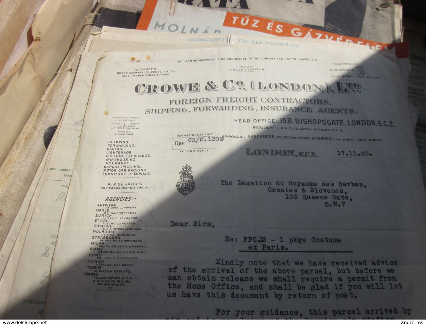 Crowe Co London Ltd Foreign Freihht Contractors Shipping Forwarding Insurance Agents Lomdon 1925 - Royaume-Uni