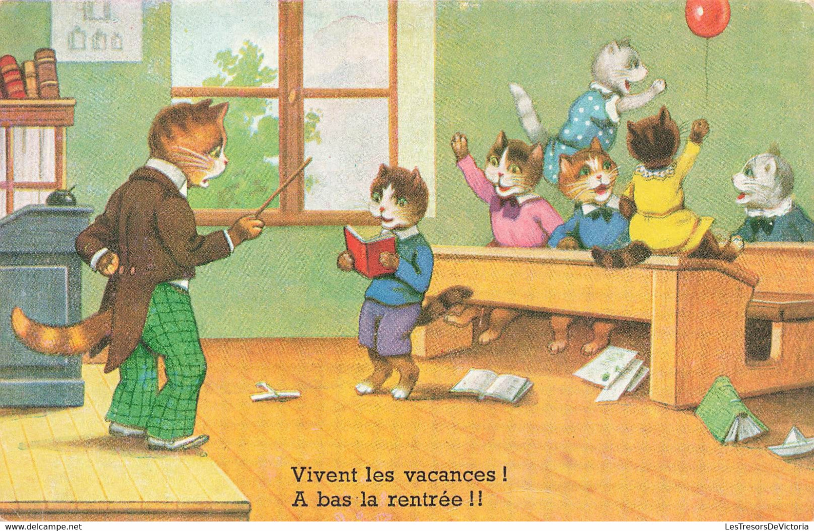 CP Souple Chats Habillés à L'ecole - Vivent Les Vacances! A Bas La Rentrée - Rentrée Scolaire - Animaux Habillés