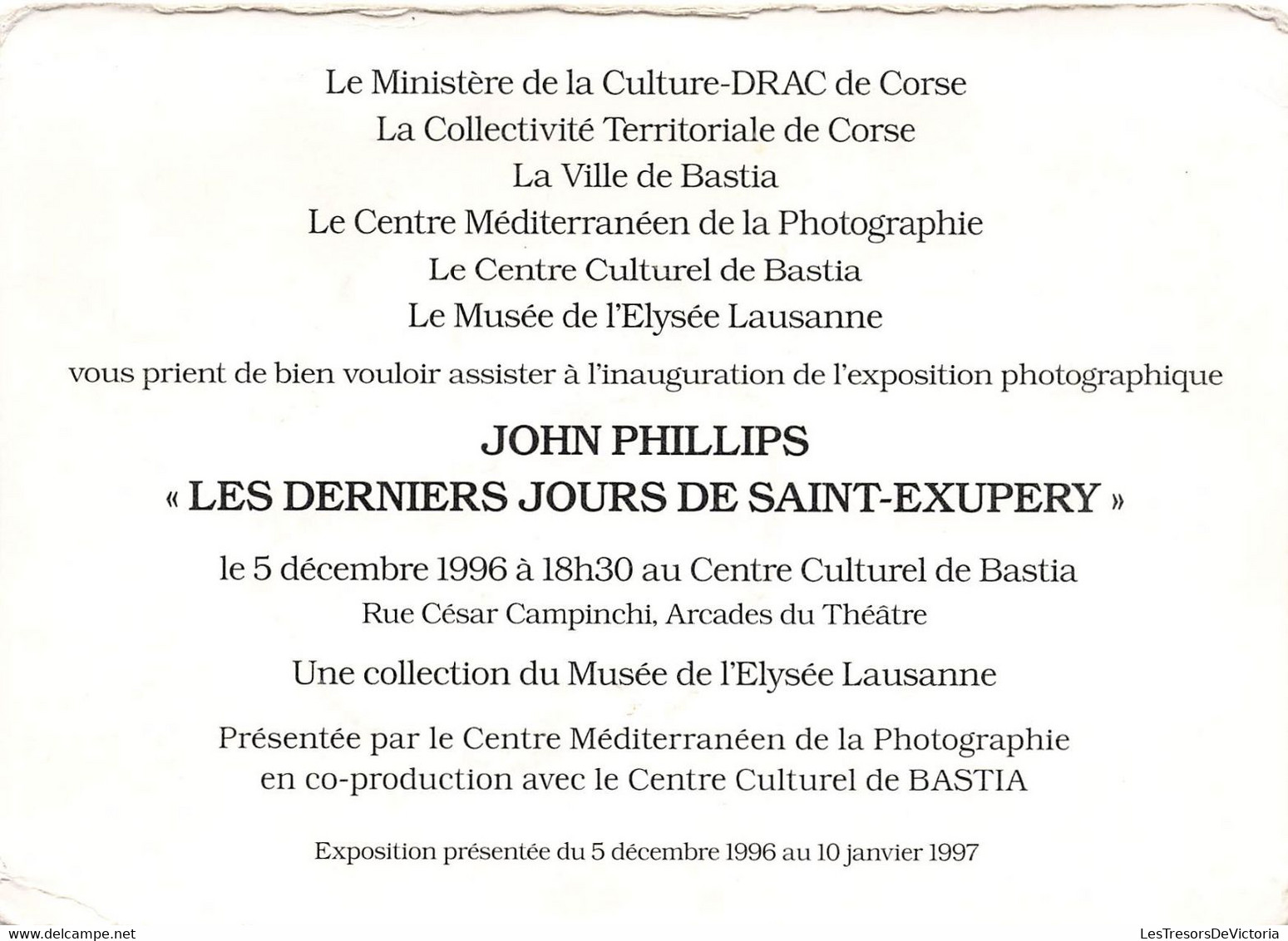 Image Invitation Inauguration Exposition Photographique Les Derniers Jours De St Exupéry - Centre Culturel Bastia Corse - Autres & Non Classés