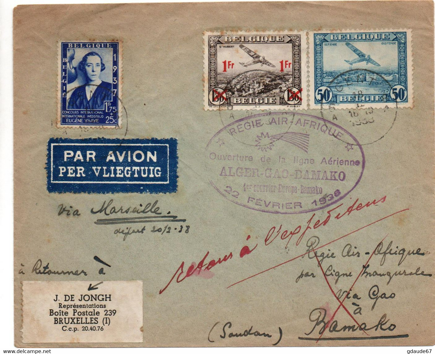 1938 - ENVELOPPE PAR AVION De GENT (BELGIQUE) -> OUVERTURE DE LA LIGNE AERIENNE ALGER GAO BAMAKO (SOUDAN) 22 FEVRIER - Lettres & Documents