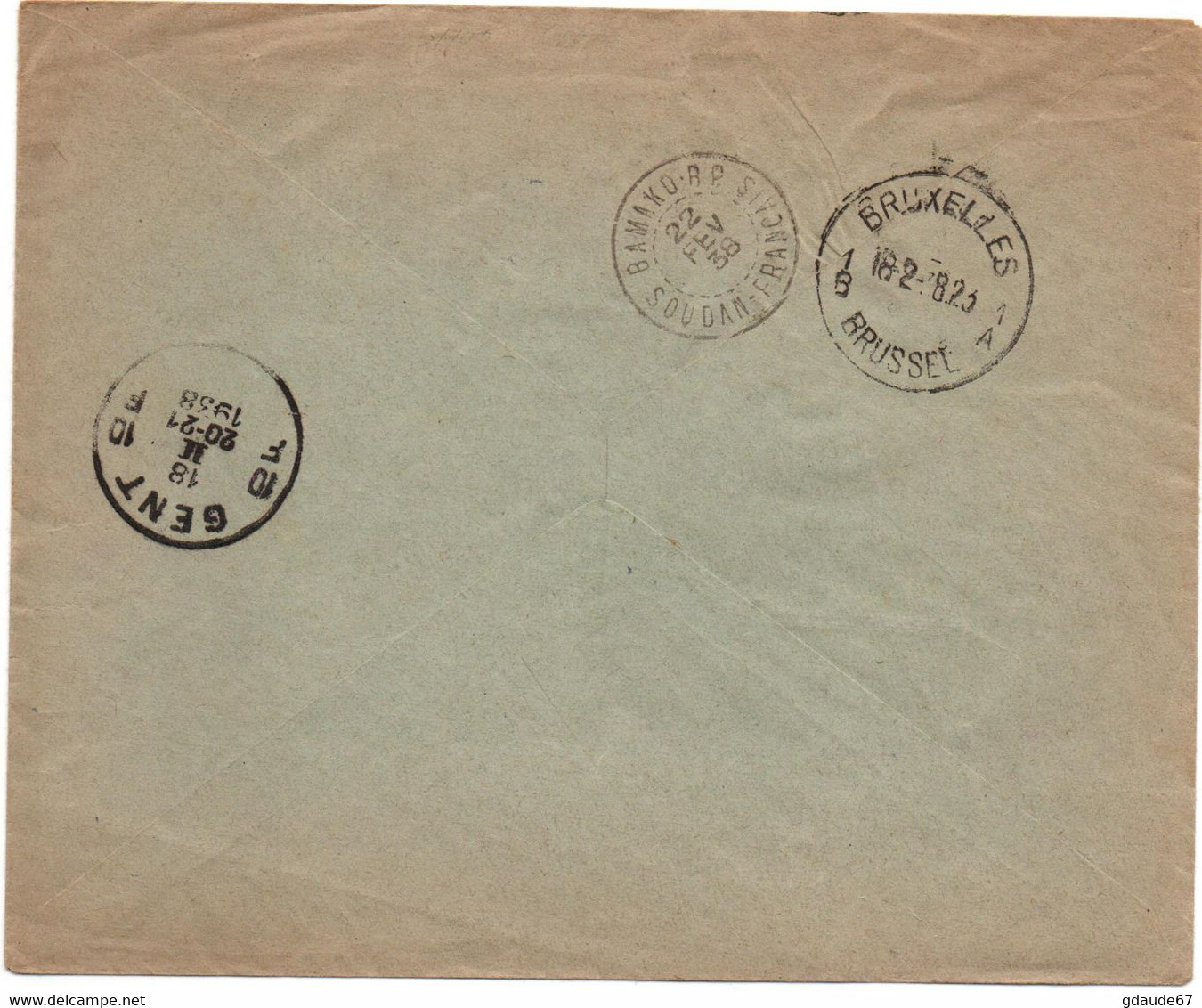 1938 - ENVELOPPE PAR AVION De GENT (BELGIQUE) -> OUVERTURE DE LA LIGNE AERIENNE ALGER GAO BAMAKO (SOUDAN) 22 FEVRIER - Covers & Documents