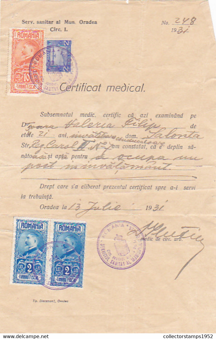 W4175- AVIATION, KING FERDINAND I REVENUE STAMPS ON MEDICAL CERTIFICATE, 1931, ROMANIA - Fiscales
