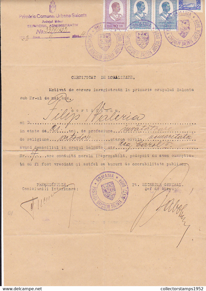 W4177-REPUBLIC COAT OF ARMS REVENUE STAMPS ON EMPLOYEE CERTIFICATE, 1951, ROMANIA - Revenue Stamps