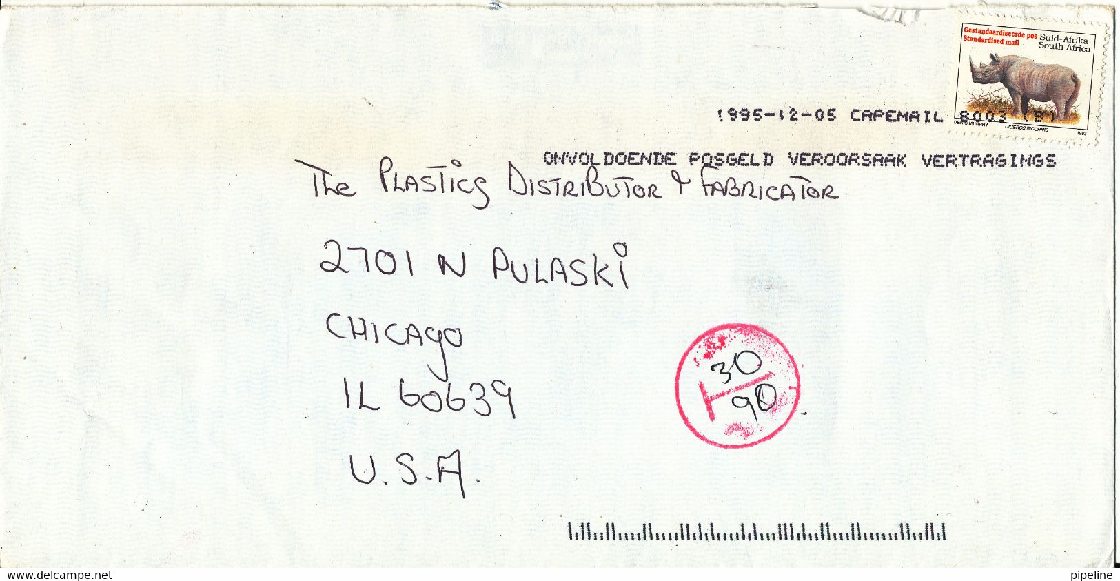 South Africa Underpaid Cover With Postal Due T Sent To USA 12-5-1995 - Storia Postale