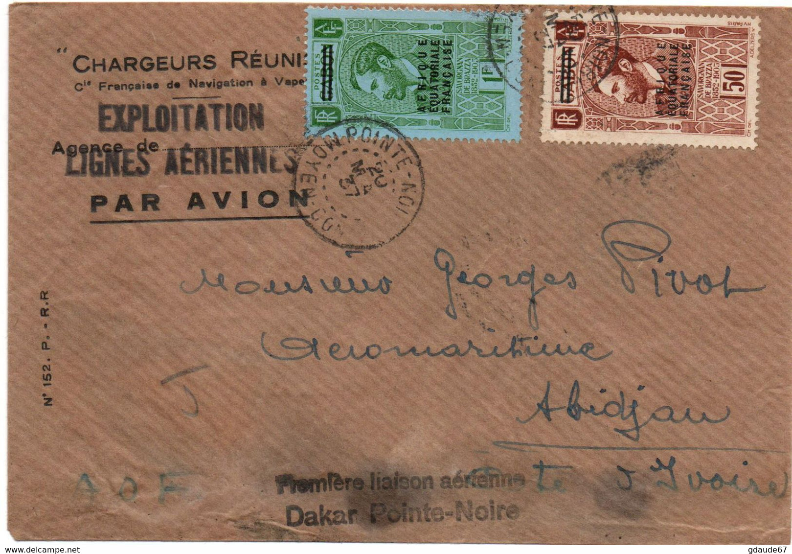 1937 - ENVELOPPE PAR AVION De POINTE NOIRE (AEF MOYEN CONGO) PREMIERE LIAISON AERIENNE DAKAR POINTE NOIRE Pour ABIDJAN - Lettres & Documents