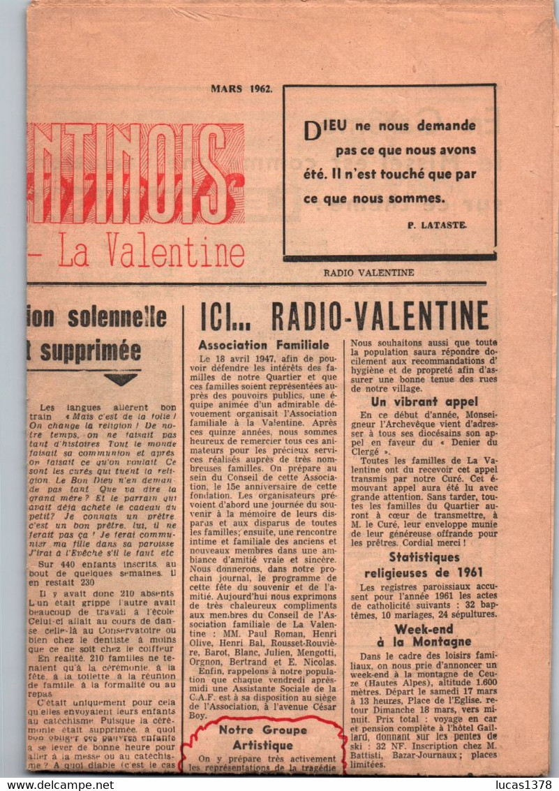 13 / MARSEILLE / LA VALENTINE / JOURNAL LOCAL  / LE PETIT VALENTINOIS MARS 1962 . RARE - Les Caillols, La Valentine