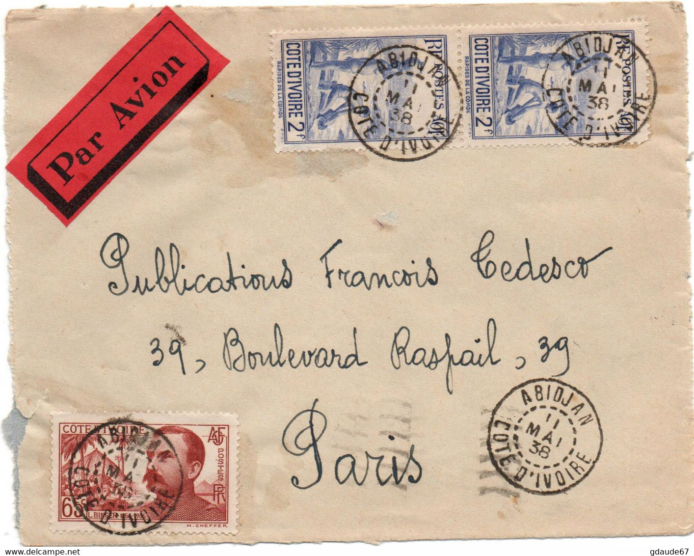 1938 - ENVELOPPE PAR AVION D'ABIDJAN (COTE D'IVOIRE) - Cartas & Documentos