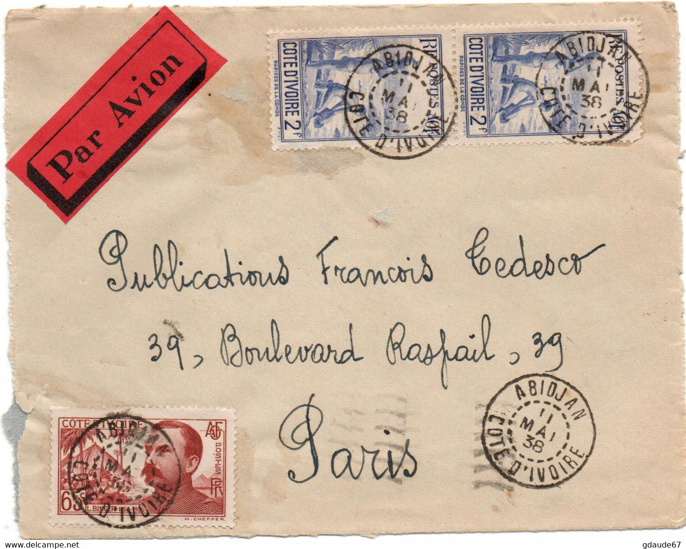 1938 - ENVELOPPE PAR AVION D'ABIDJAN (COTE D'IVOIRE) - Storia Postale