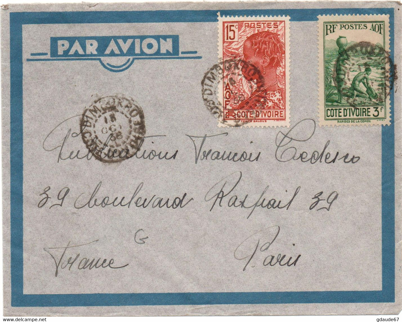 1938 - ENVELOPPE PAR AVION De DIMBOKRO (COTE D'IVOIRE) - Briefe U. Dokumente