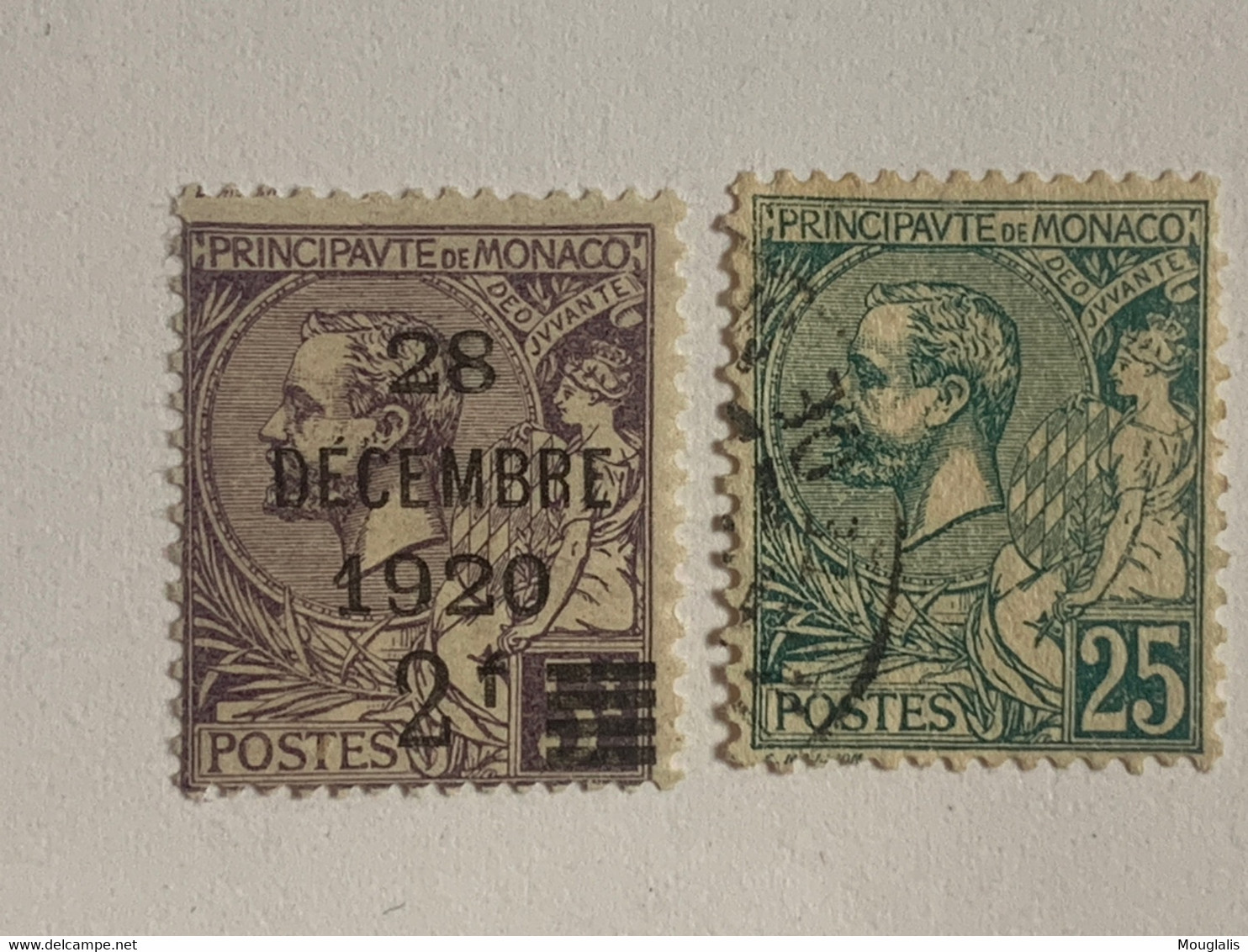 Monaco Lot 2 Timbres Albert N• 50 Et 16(?) Surchargé 20 Décembre 1920 5f Et 25c - Sonstige & Ohne Zuordnung